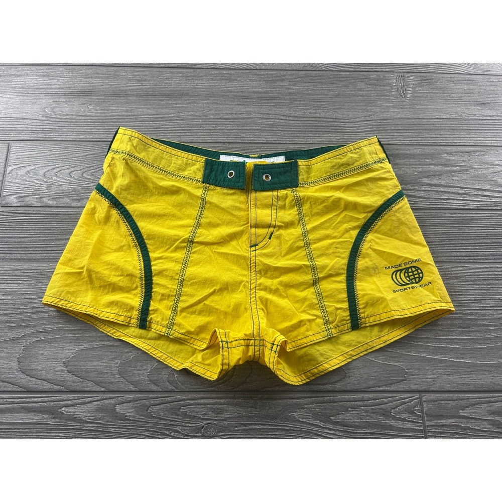 Made Some Sportswear Yellow Nylon Shorts Green Trim USA Made Mens 29 Waist